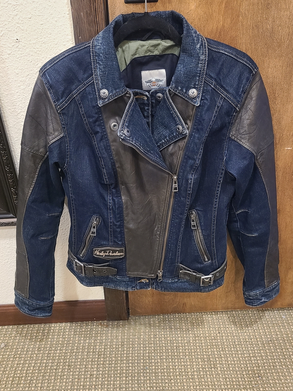 Harley-Davidson Two-Tone Denim & Leather Biker Jacket - Navy/Black